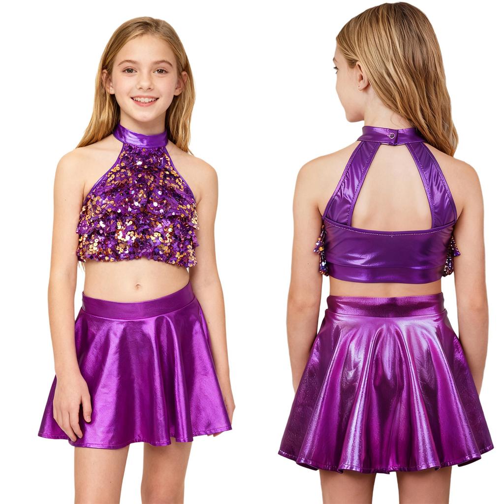 Kids Girls Stage Performance Set: Shiny Sequin Tiered Backless Crop Top & Metallic Ruffled Skirt for Dance Shows