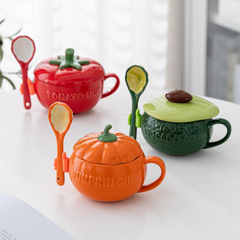 Adorable Pumpkin Ceramic Mug Set with Lid & Spoon for Students