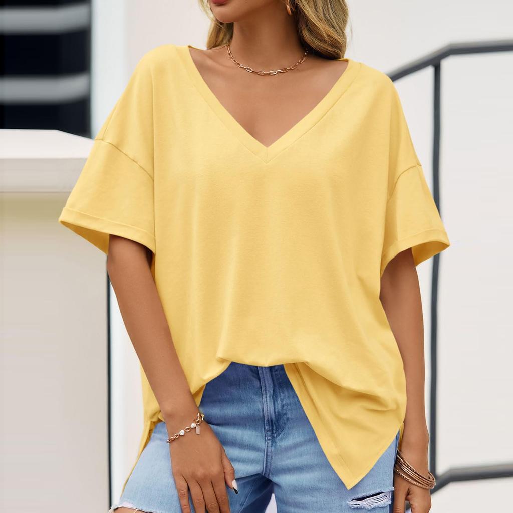 Women's Fashion Casual Drop Shoulder Short Sleeve Deep V-Neck T-Shirt Top
