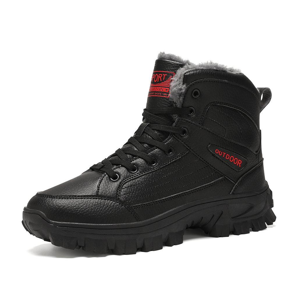 Men Outdoor Winter Hiking Boots High Top Lace‑Up Snow Boots Plush Warm Lining Non‑Slip Thick Sole Cotton Shoes Big Size 39-46