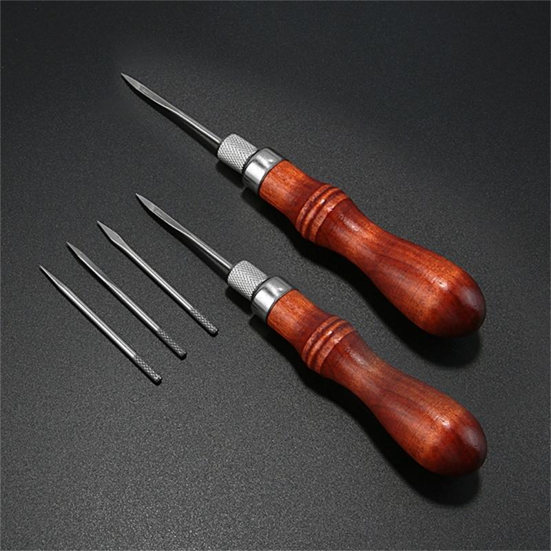Hand Sewing Awl Set Pin Punching Wood Handle for Leatherworking Enthusiasts