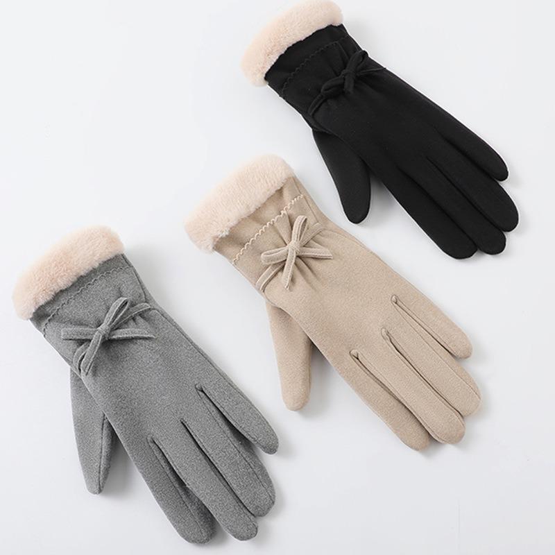 Warm gloves autumn and winter women's German velvet bow outdoor riding driving velvet thickened cold-proof touch screen gloves