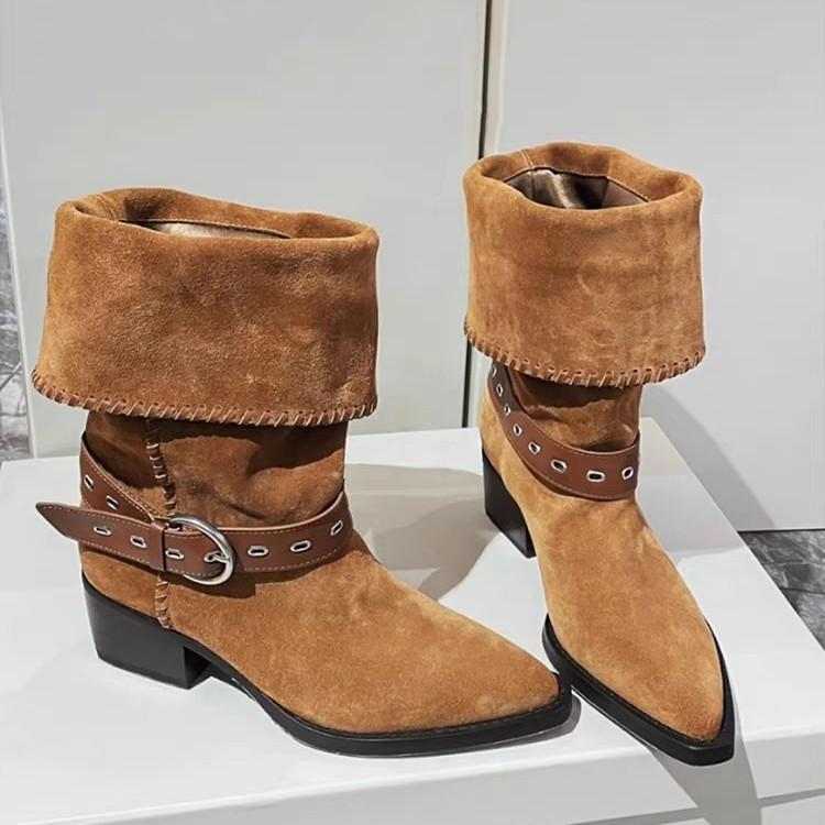 2025 New Retro Thick Heel Western Pile Boots Wide Tube Medium Tube Boots Pointed Belt Buckle Suede Knight Short Boots Women