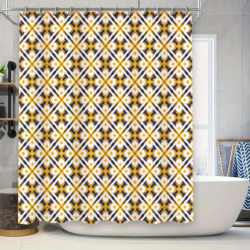 

Blue White Yellow Diamond Pattern Shower Curtain Fabric Decor For Bathroom Waterproof Washable Shower Curtains W60H190(CM)-1 Pcs