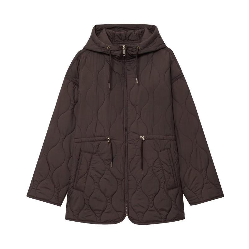 Womens Hooded Quilted Jacket Winter Streetwear Loose Fit Brown Green Solid Color Long Sleeve Mid-Length Coat