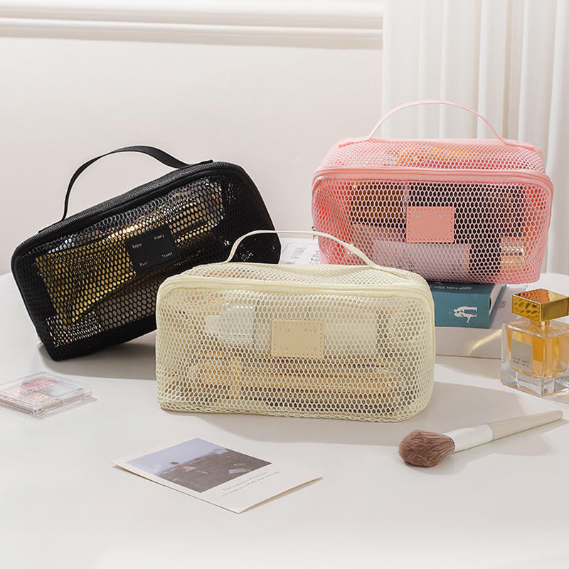 Fashion Solid Color Mesh Cosmetic Bag Lightweight Zipper Makeup Pouch Visibility Transparent Toiletry Storage Bag Mobile Phones