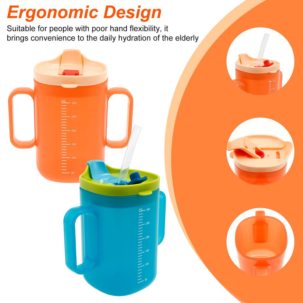 2 Stück Schnabeltasse mit Strohhalm 300 ml Fütterbecher Tragbarer Älteren Auslaufsicherer Becher mit Griff Auslaufsicherer Becher Wasserbecher für Kinder Senioren