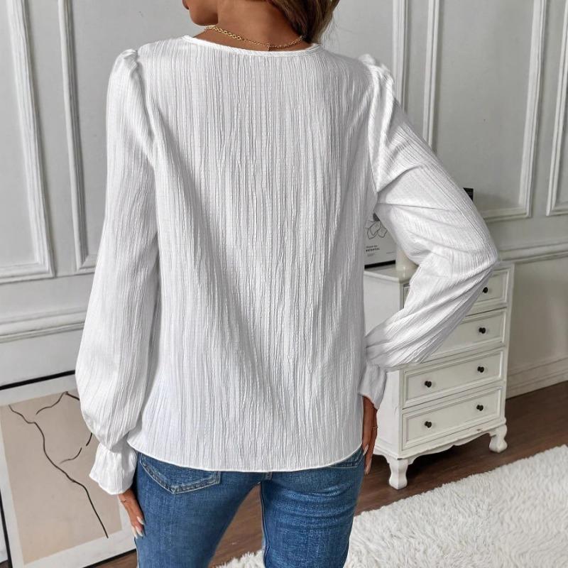 Blusa da Donna con Scollo Quadrato e Bordi in Pizzo, Texture Pieghettata, Maniche Lunghe a Svasatura, Top Casual Monocolore