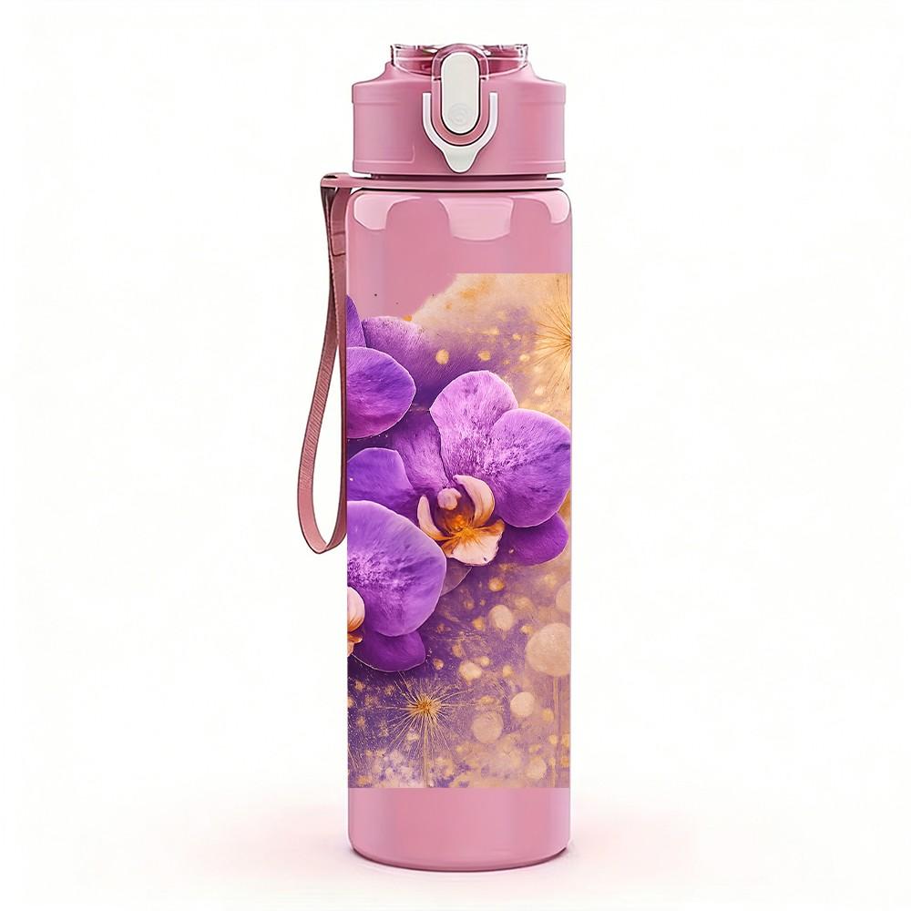 1PC Purple Orchid Vintage Floral Print 750ml Color Plastic Sports Water Bottle Leakproof Flip Straw Lid Suitable for Sports Office Home Use