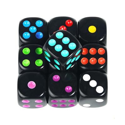Set 10 bucăți 16 mm zaruri negru colț rotund zaruri acrilice cu 6 fețe cu sâmburi colorate puncte pentru joc de masă