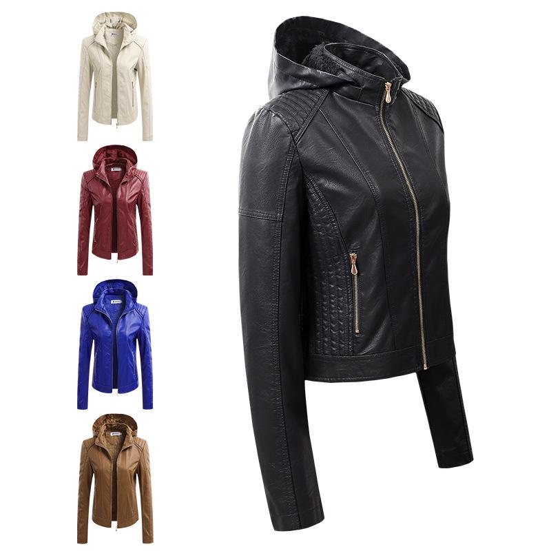 2022 Women's PU Leather Jacket with Detachable Hood - Stylish European & American Fashion Coat