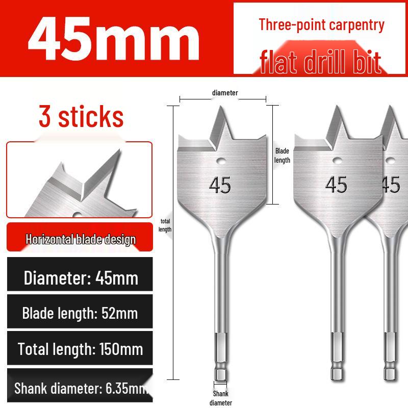 Hex Shank Flat Drill Set for Woodworking: 3-Point Blade for Lock Hole & Drawer Door Enlarging