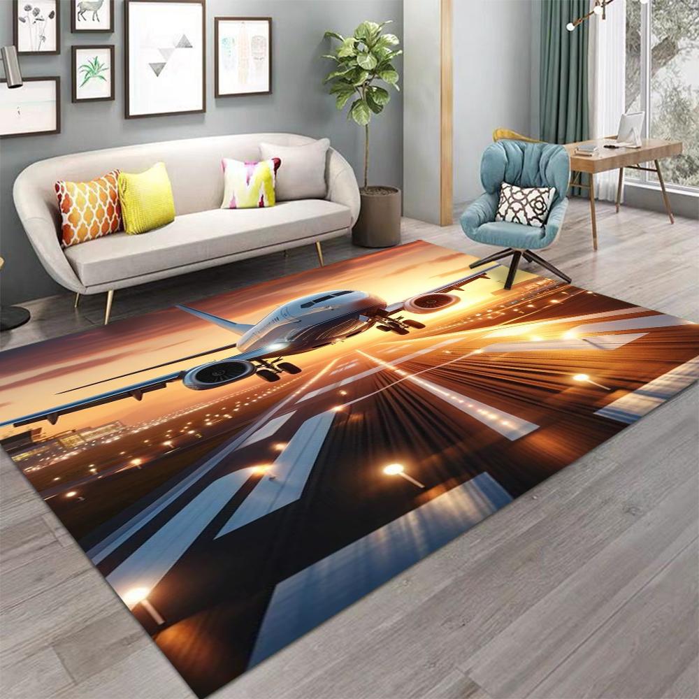 

Airport Runway Carpet 3D Airplane Takeoff Design Sunset Cityscape Pattern Non Slip Large Area Rug for Modern Living Room 40X60CM
