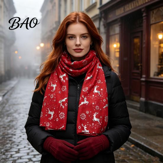 Holiday Elk Snowflake Wrap Christmas Theme Scarf for Women, Glitter Sparkly Foil Reindeer Winter Print Scarves, Lightweight Soft Shawl Fall Cold Proof