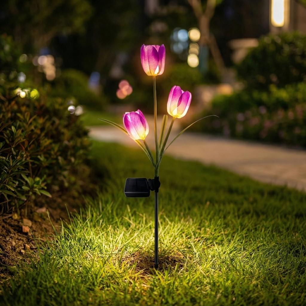 Outdoor Tulip Flower Garden Solar Light Stake Decorative Landscape Lamp for Yard Patio Park Villa Ground Installation