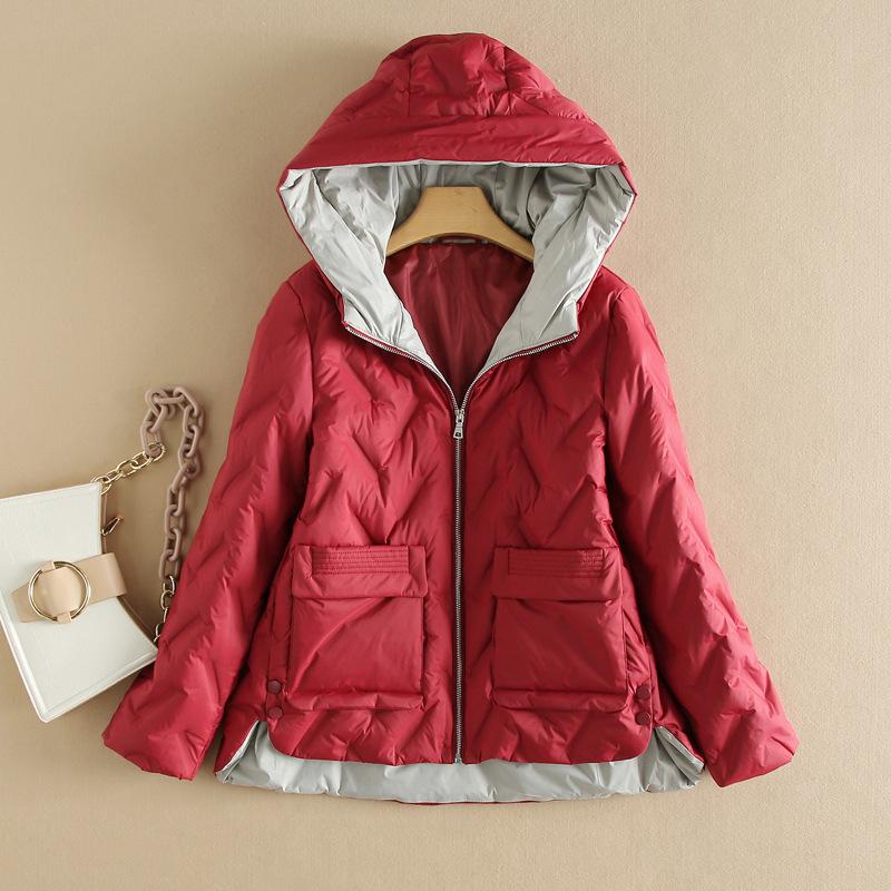 Winter new women's clothing contrasting colors and thin short hooded down jacket warm jacket white duck down front short and back long