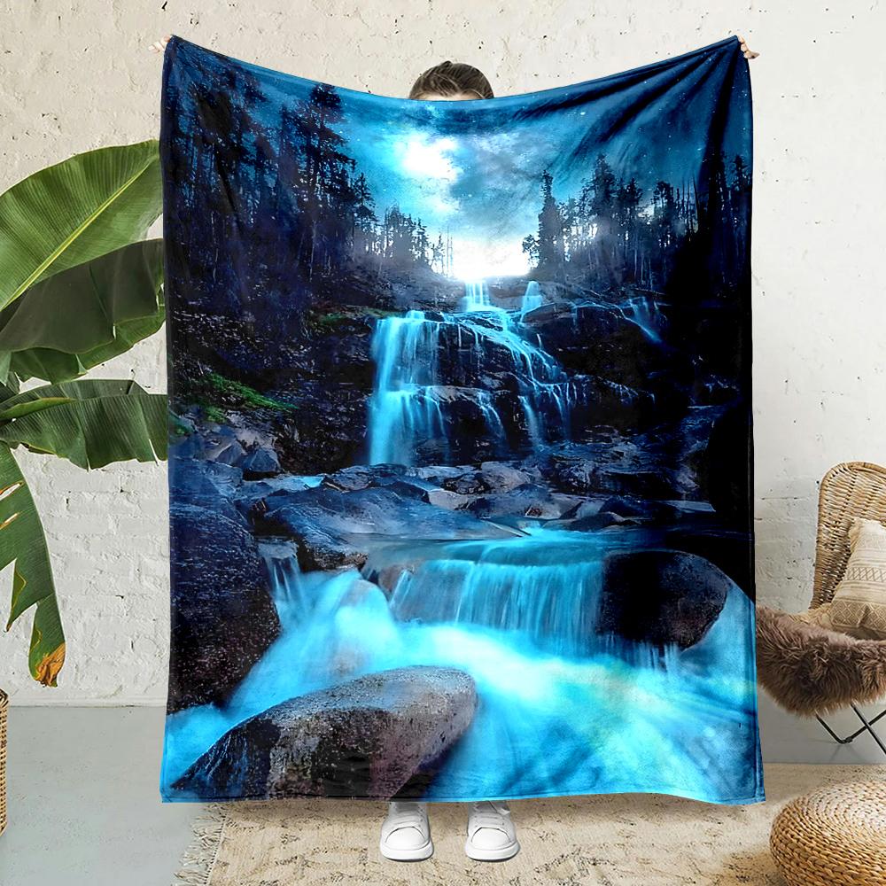 Starry sky waterfall forest rocks Print Blanket Warm Soft Fluffy Kids and Adult Sofa Bed Throw Outdoor Travel Camping RV 75X95CM