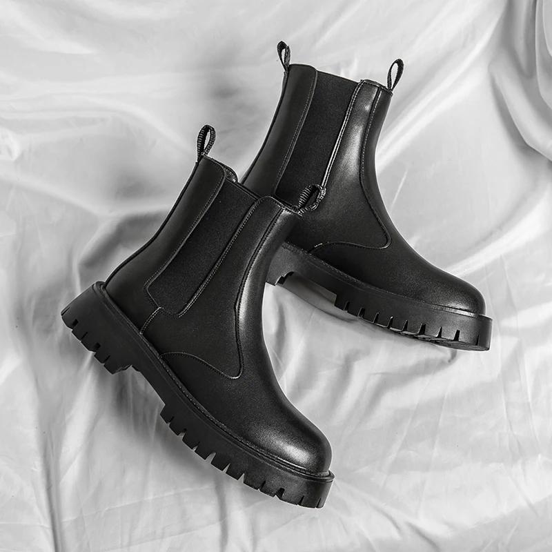 Modne Zimowe Ciepłe Grube Podeszwy Antypoślizgowe Skórzane Męskie Botki Trendy Wsuwane Botki do Kostki Ręcznie Robione Luksusowa Marka Męskie buty