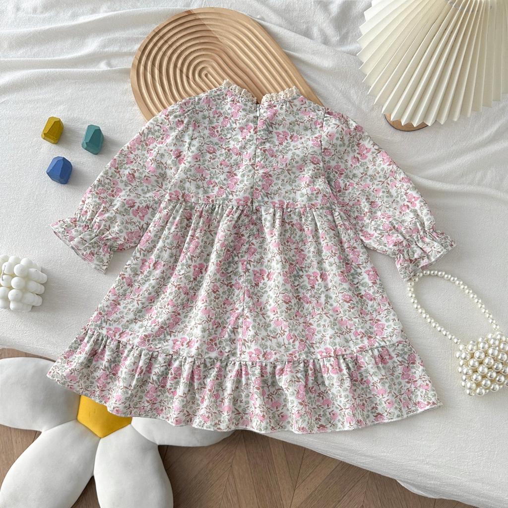 Spring Autumn Girls Floral Princess Dress Cute Lace Trim Ruffle Hem Toddler Kids Party Pageant Cotton Blend Sundress