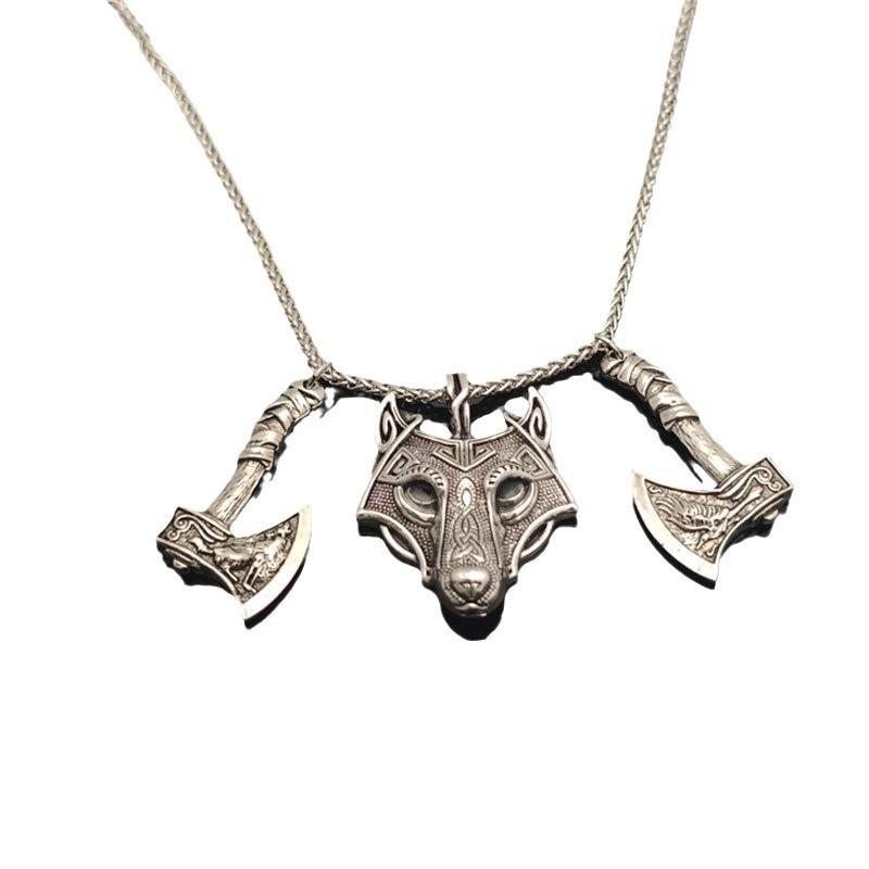 Vintage Viking Celtic Wolf Head Double Axe Pendant Necklace Jewelry