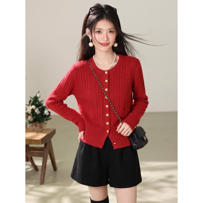 2026 Women's Red Cable Knit Cardigan Sweater with Gold Buttons - Small, Autumn Layer, Soft Sticky Knit Top