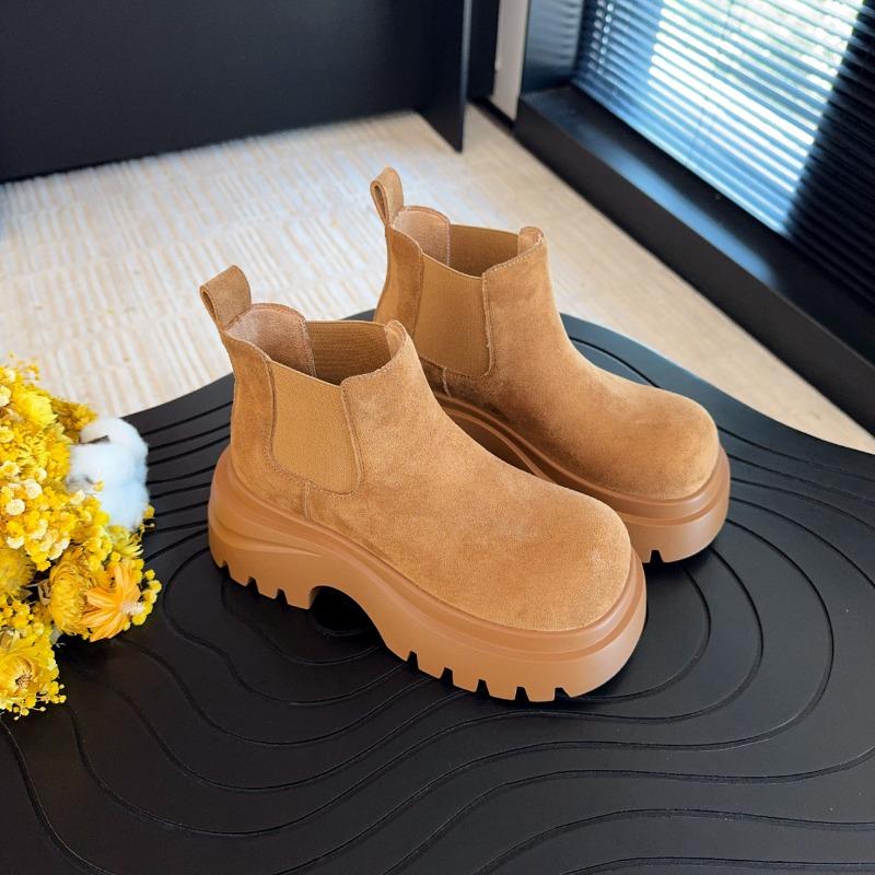 New platform-soled fashion boots women's shoes round head medium boots frosted leather fashion boots thick heel thin Martin boots
