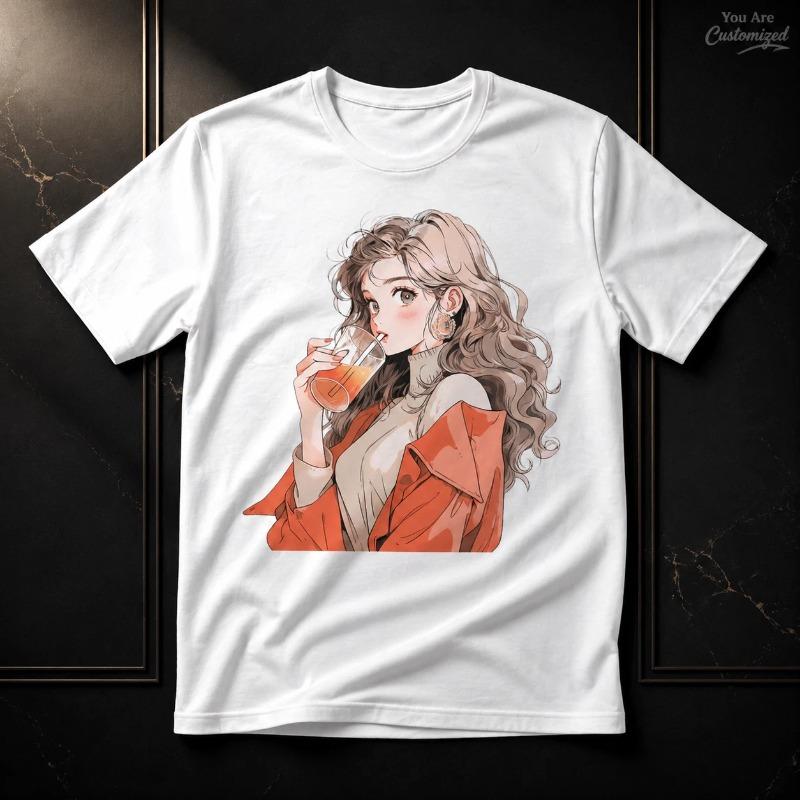 Anime Girl Drinking Pattern Tshirt Retro Unisexs Tshirt Summer New Casual Fashion Unisex