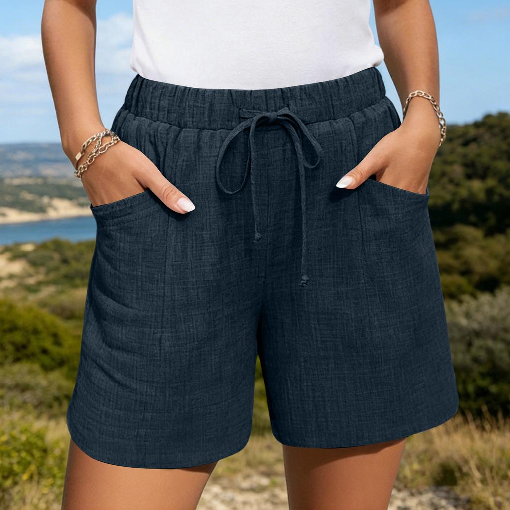 Women's Casual Linen Shorts Elastic Waisted Drawstring Summer Shorts With Pockets