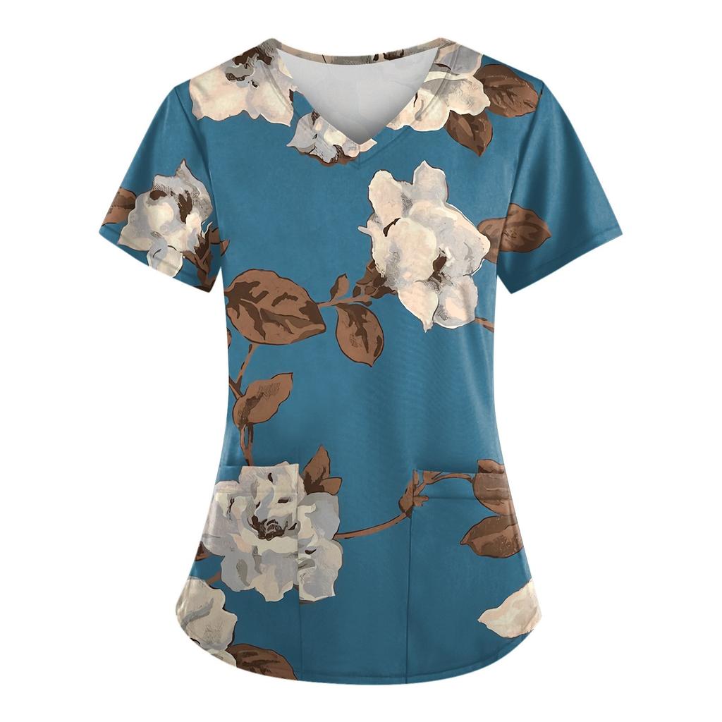 Women Fashion Spring And Summer Oil Painting Print V-neck Short Sleeve Workwear With Pockets Tops