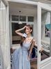 Women's Blue Suspender Dress - Summer 2025 French Seaside Holiday Waist-Cinching Long Dress