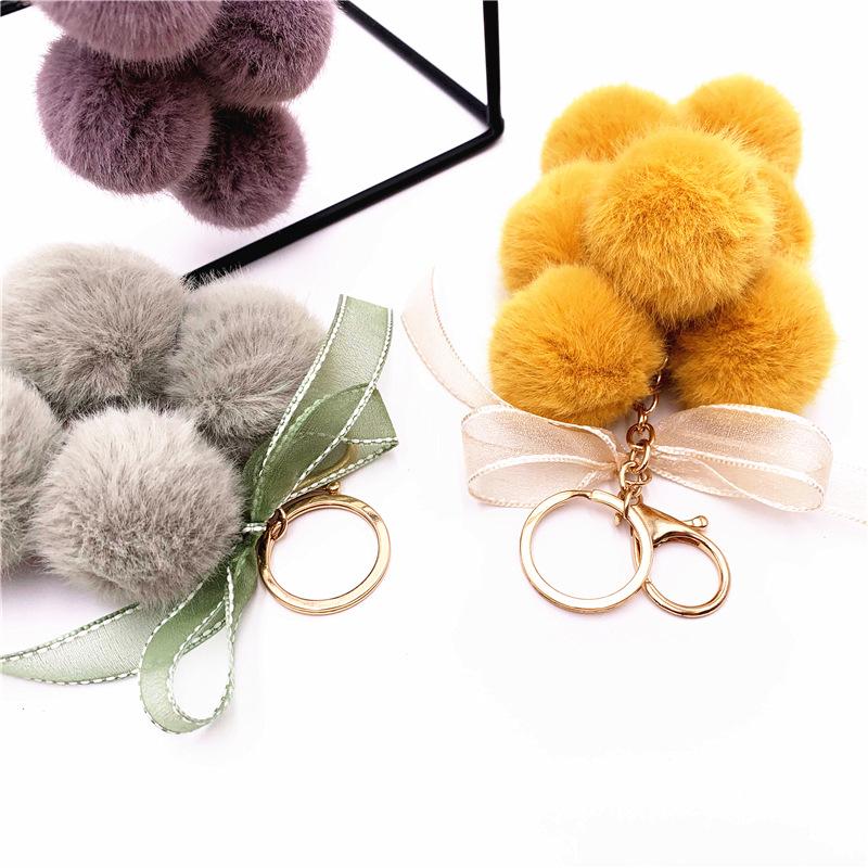 Cute Creative Grape Fruit Lace Bow Fur Ball Plush Doll Toy Keychain Pendant Bag Hanging Backpack Charm Car Keyring New Year Gift