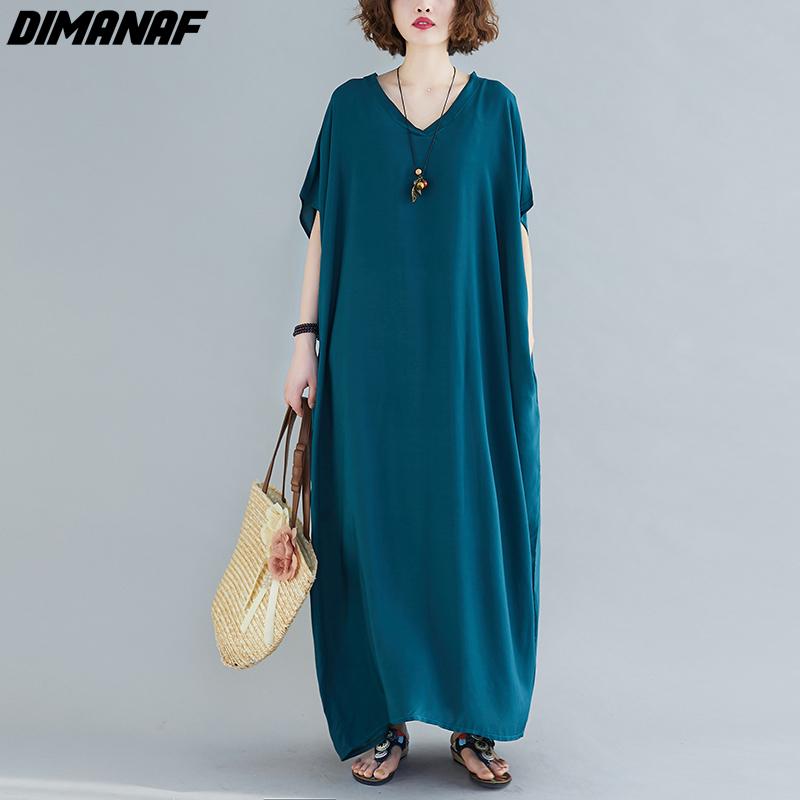 DIMANAF 2021 Plus Size Women Dress Bohemian Beach Korean Style Summer Sundress Solid Maxi Dress Loose Design Casual Long Dress