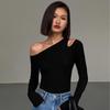 Mode Schrägen Kragen Off-schulter Langen ärmeln T-shirts Frauen Frühling 2024 Neue Solide Slim Fit Crop Top Sexy aushöhlen Tees Shirts