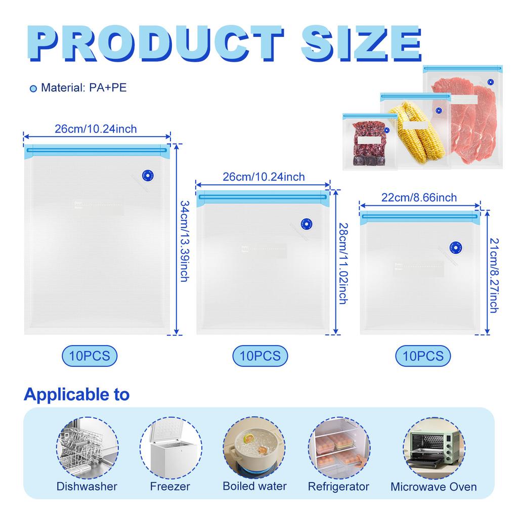 10/30Pcs Food Vacuum Bags 3 Size Reusable Vacuum Seal Bags Clear Vacuum Zipper Sealer Food Storage Bag for Vegetables Fruit Meat