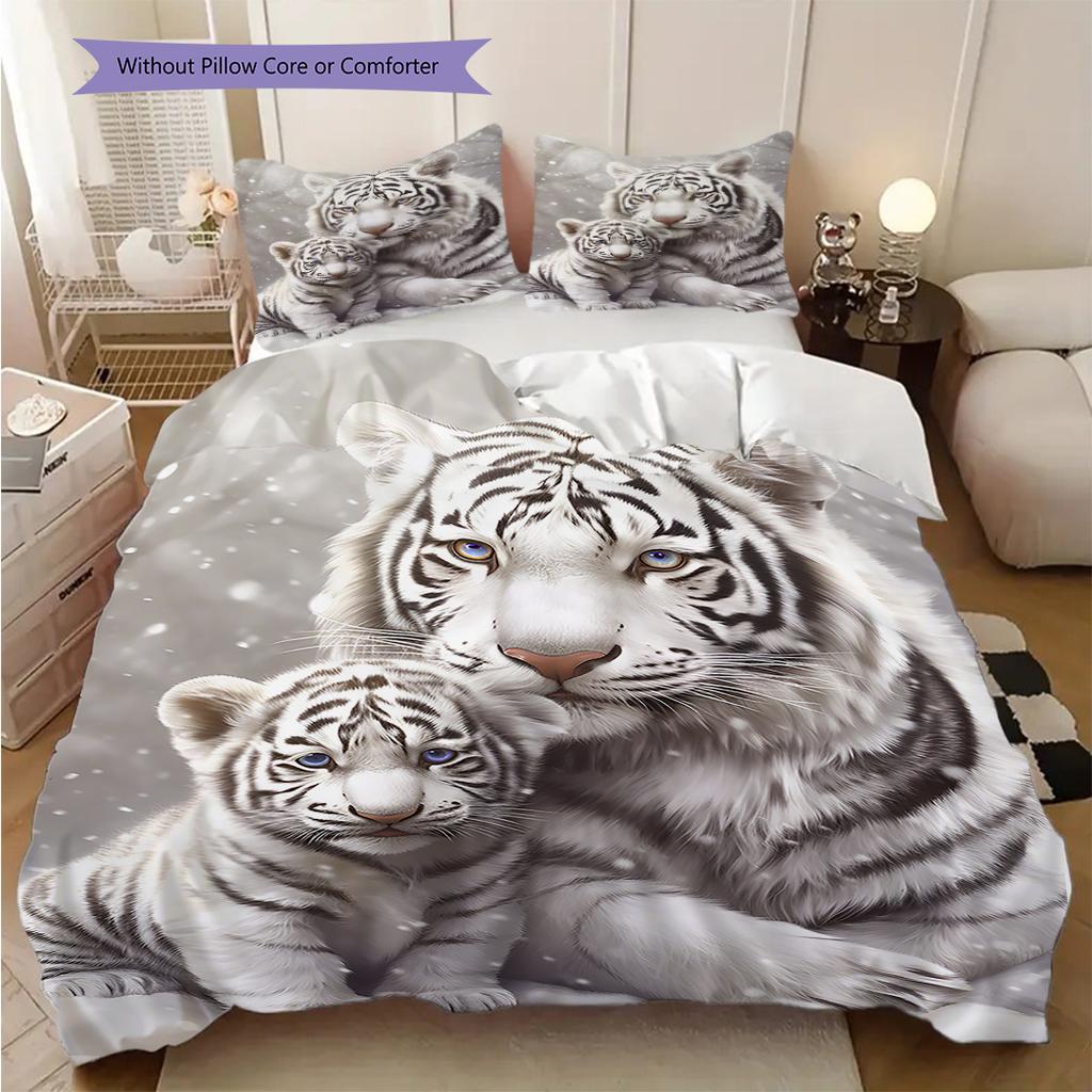 White Tiger Pattern Bedding Quilt Set Quilt Cover Pillowcase Home Decoration Birthday Gift (1 * Duvet Cover + 2 * Pillowcase, Without Core)