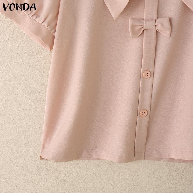 VONDA Women Lapel Neck Short Sleeve Buttons Bow Knot Casual Cropped Blouse Tops