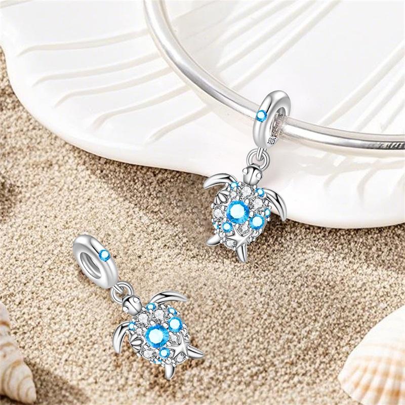 Blue Zircon Inlay Sea Turtle Starfish Charms Bead Original 925 Sterling Silver Pendants Fit Bracelet Jewelry Gift Marking