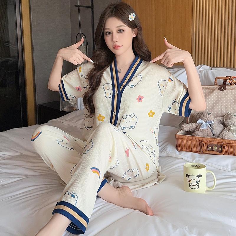 Cartoon cute pajamas women's summer thin bubble foam two-piece set short-sleeved 1011 new cartoon cardigan loungewear