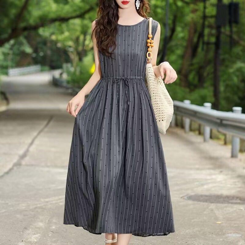New Summer Floral Cotton-Silk Sleeveless Dress - Plus Size, Loose Fit, Slimming, Vacation Style Mom’s Long Dress