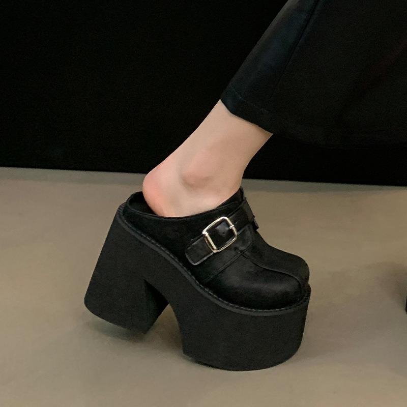 Fashion 11cm Block High Heels Black Slingback Shoes Women Close Toe Platform Chunky Heeled Slippers Punk Summer Sapatos Femininos 2024