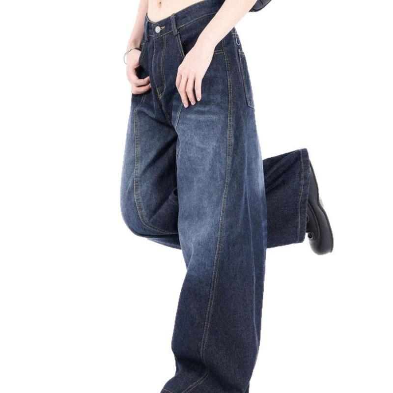 Womens High-Waisted Baggy Wide-Leg Denim Jeans Water Washed Blue Streetwear Style