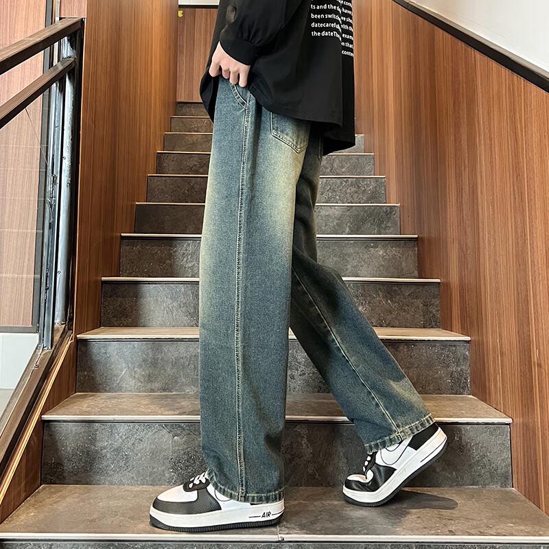 Men's American Retro Washed Straight Wide-Leg Jeans