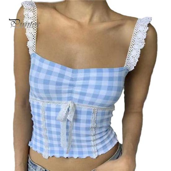 

Клетчатый принт топы без рукавов с кружевной строчкой топ на бретельках с квадратным вырезом сексуальные короткие топы жилет на бретельках повседневная одежда XL синий