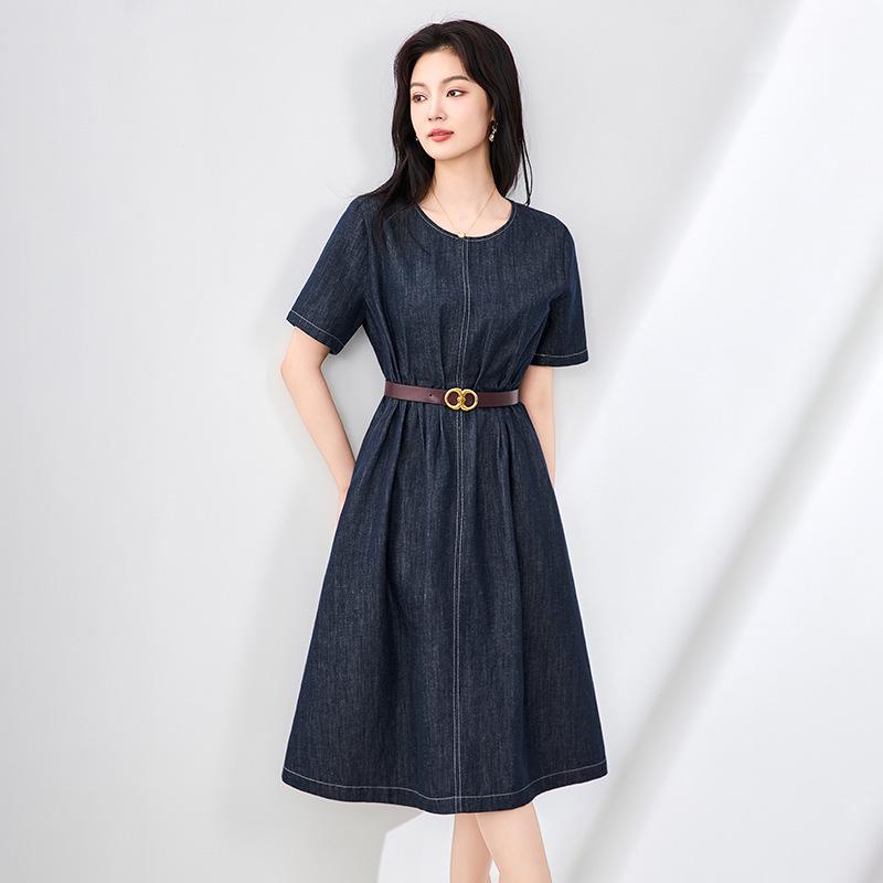 

Шэньчжэнь Нанью Высококачественное джинсовое платье с рюшами на талии, стройнящее - Большой клеш, Короткий рукав, Круглый вырез Женская мода L темно-синий