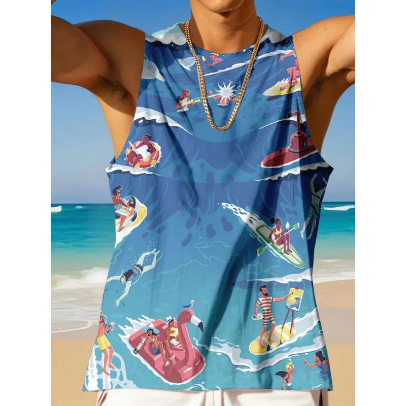 Summer Round Neck 3D Palm Leaf Printed Top Fashionable Casual Hawaiian Beach Sleeveless Vest Men's T-shirts