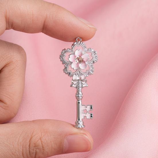 Cherry Blossom Key Necklace Pendant Pink Enamel Alloy Choker Romantic Jewelry Gift for Women Girlfriend Mom