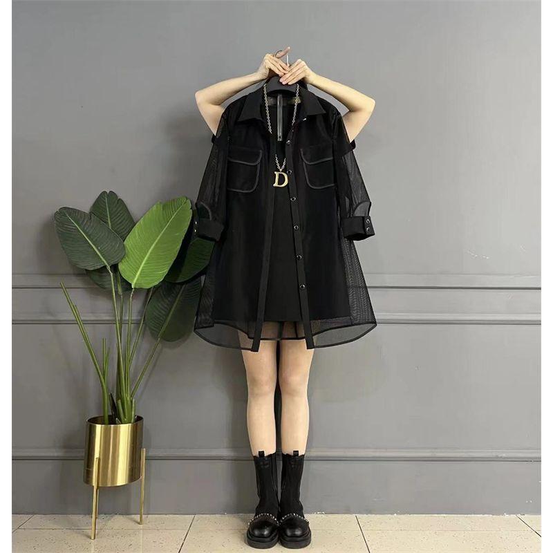 

Элегантная блузка с лацканами большого размера, универсальная, стройнящая, из полупрозрачной ткани, модный минималистичный нарядный комплект-двойка для женщин Black 3XL