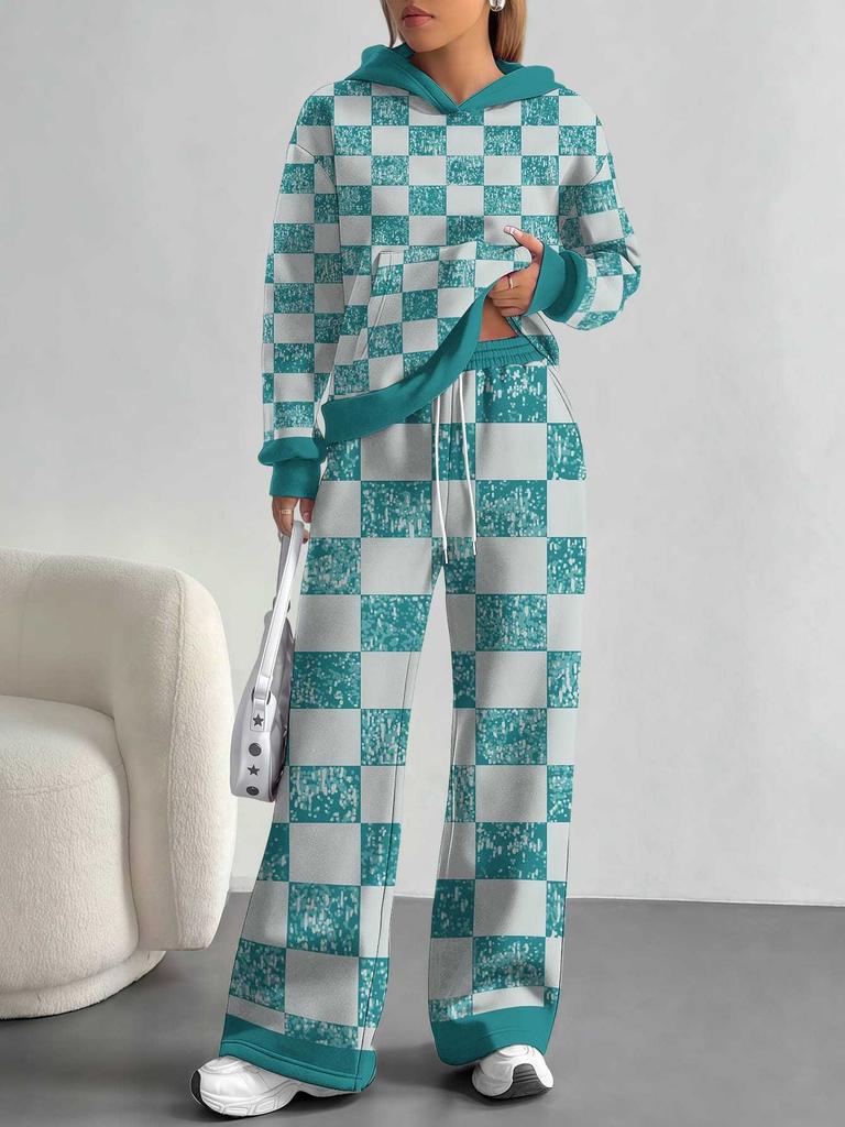 Square Splicing European, American Autumn and Winter Casual Long-sleeved Suit Women's Hooded Sweater Trousers Two-piece Set
