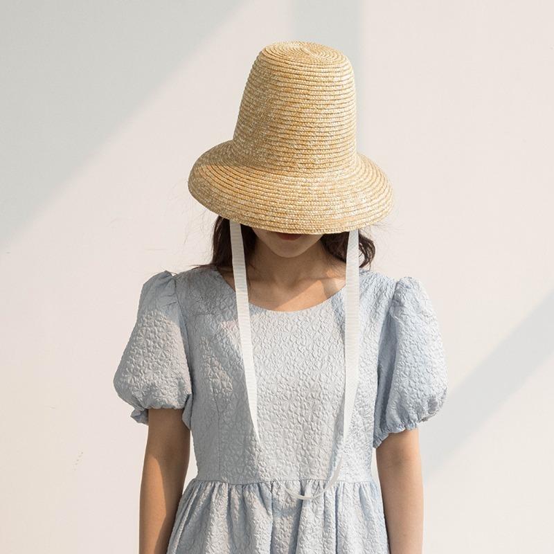 New Summer High Top Lace-up Wheat Straw Sun Hats for Women Versatile Natural Straw Hat Female Outdoor Travel Sunshade Beach Hat