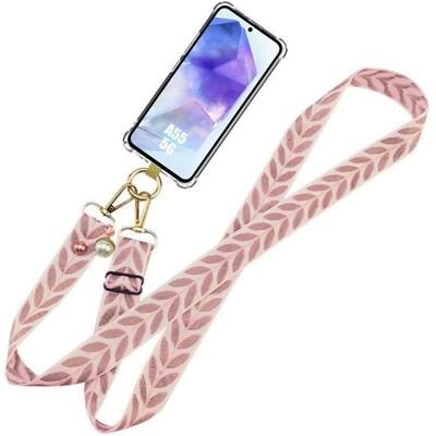 Protective Case - BOOLING - for Samsung Galaxy A55 5G - Shockproof Silicone - Adjustable Pink Cord - Transparent